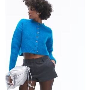 Topshop Premium Knitted Crew Fluffy Alpaca Cardigan in Blue